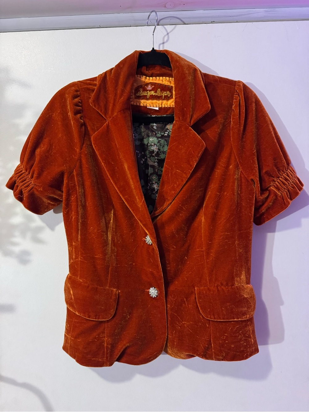 Vintage 70s Velvet Short Sleeve Blazer Jacket in Rust with Rhinestone Buttons